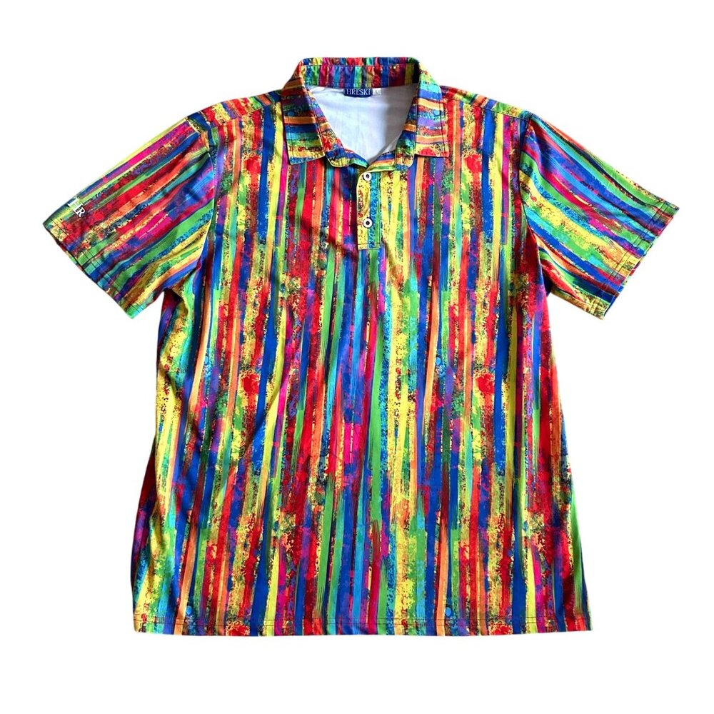 Hreski Mens Size Large Multicolor Stripe Short Sleeve Polo Shirt
